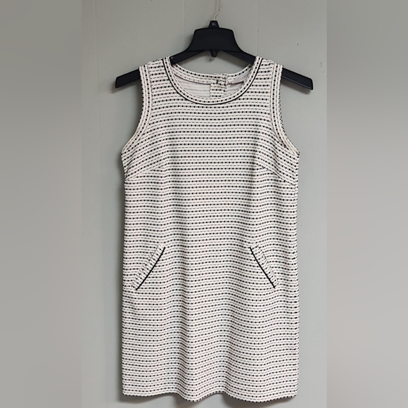 LOFT Sleeveless Textured Shift Dress w Pockets Ecru & Black Size PM. - Picture 1 of 6